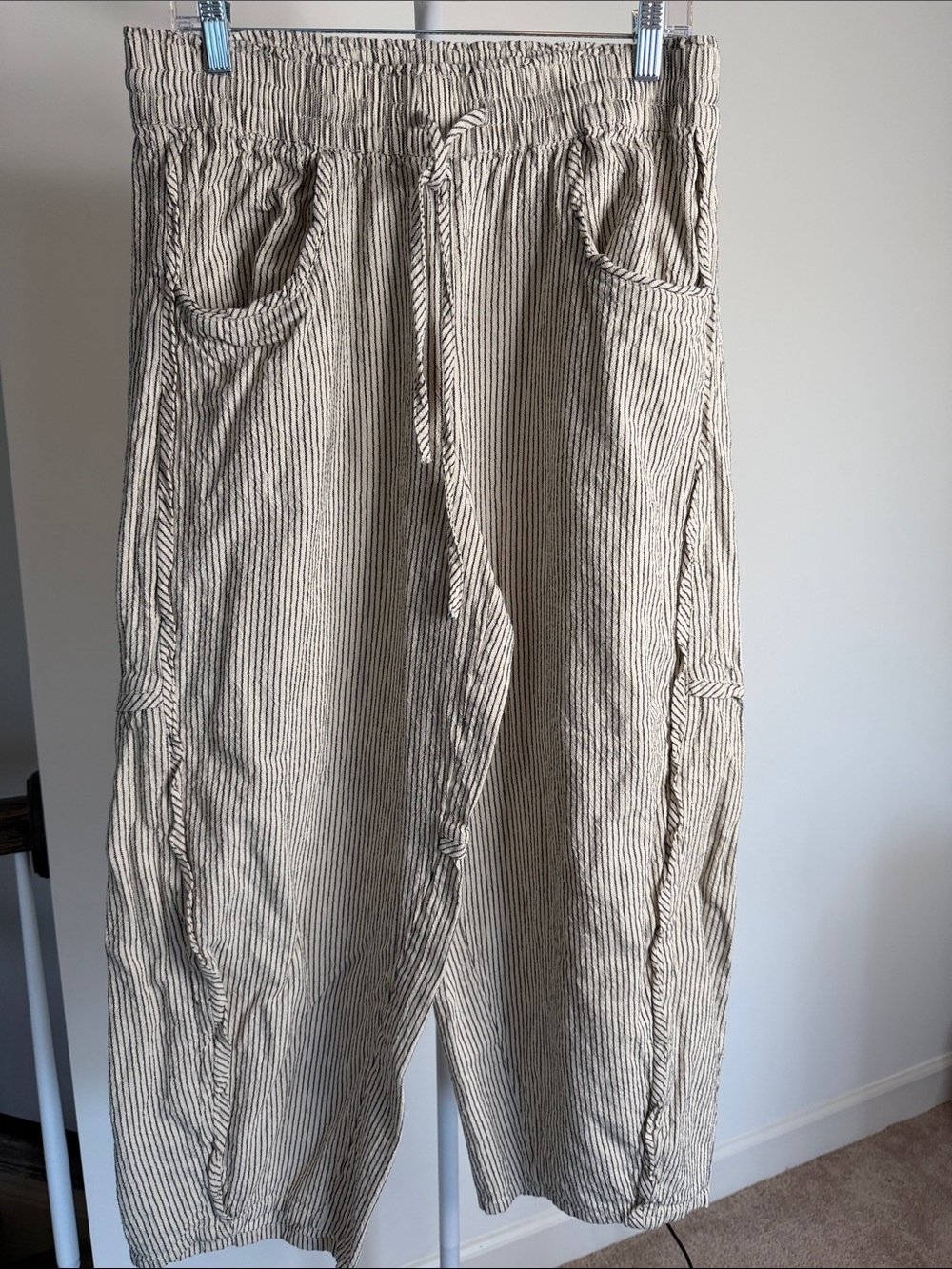 Free People Beige and Black Pinstripe Cargo Pants